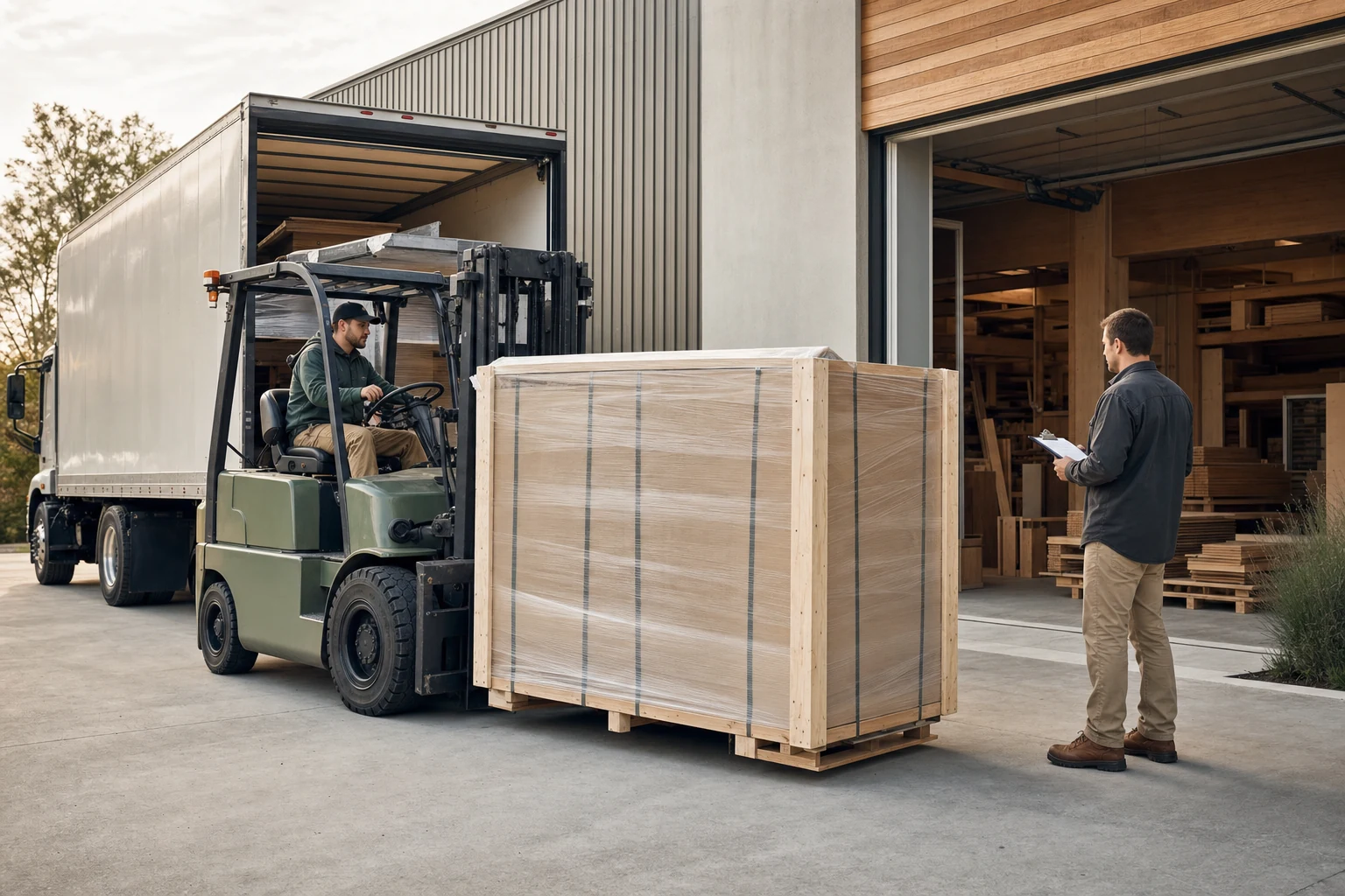 Forklift operator positioning a wrapped machine crate while a coordinator checks the delivery.