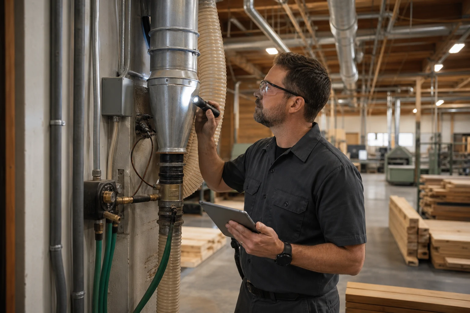 Maintenance technician inspecting dust-extraction ducting and utility connections in a woodshop.