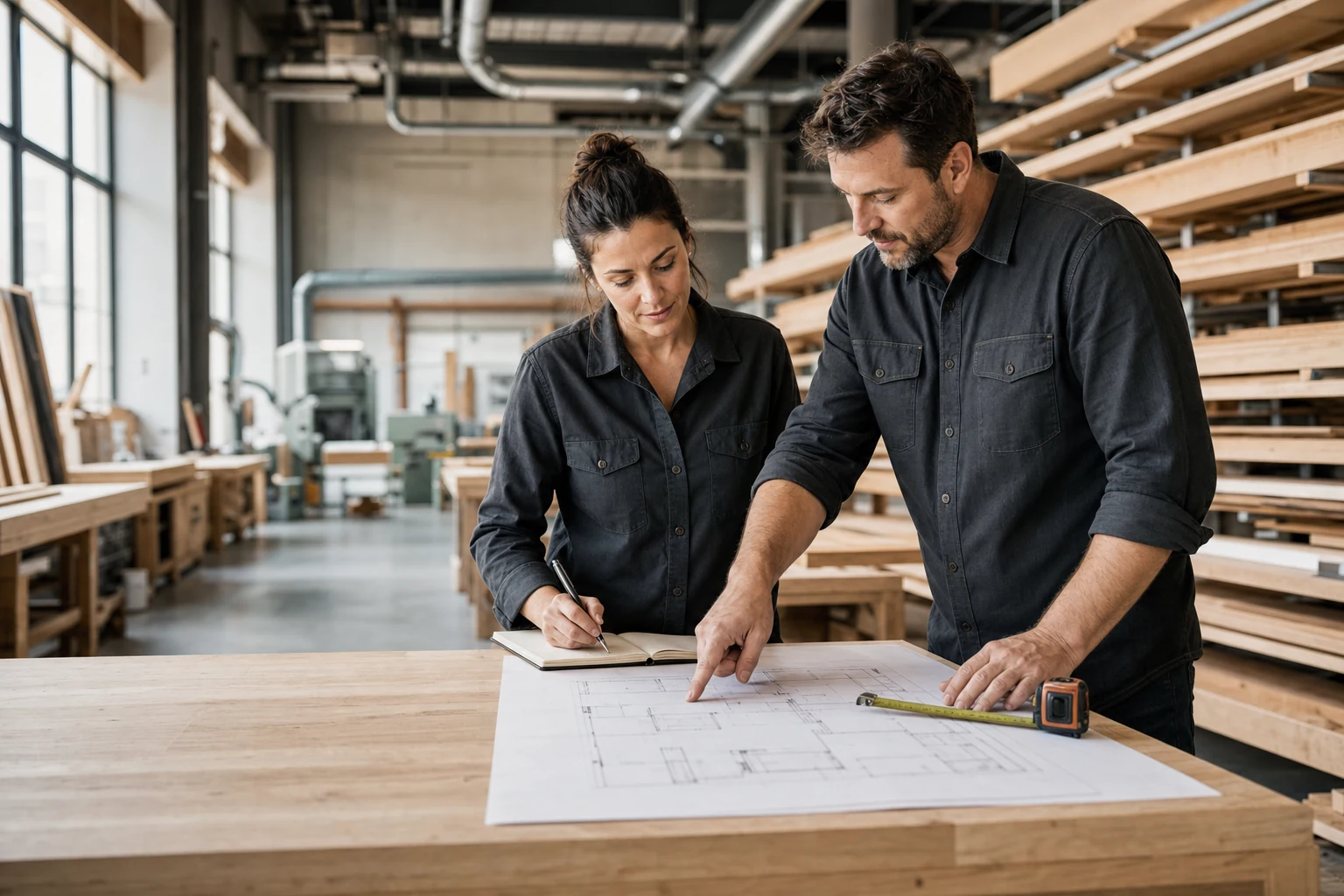 Two workshop specialists reviewing a floor plan and machine-placement measurements.