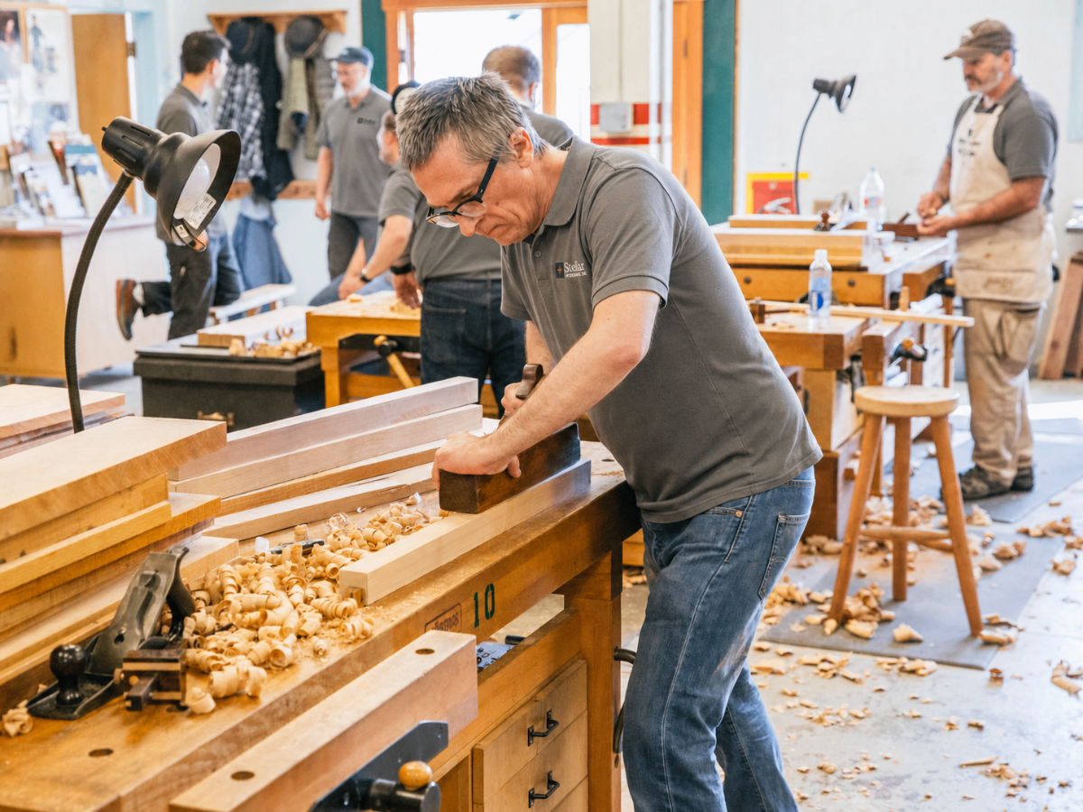 Stellar senior craftsman hand-planing a long wood board in a bright workshop