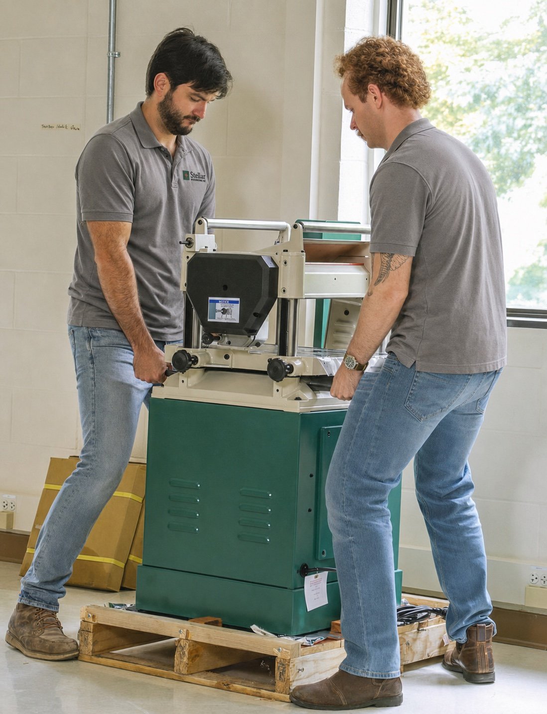 Equipment specialists positioning industrial woodworking machinery