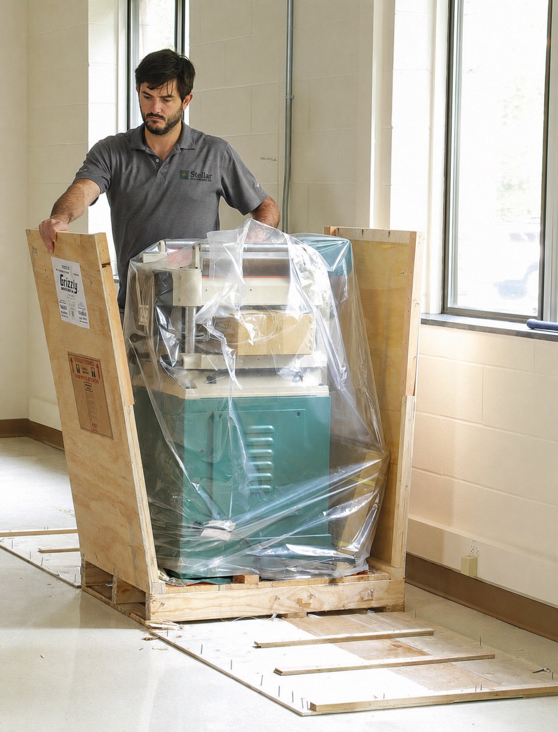 Equipment specialist receiving and uncrating woodworking machinery