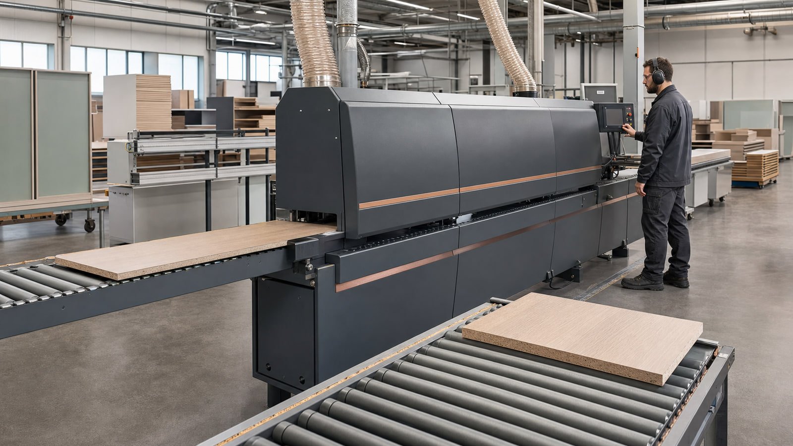 Panel moving through an industrial edgebander in a woodworking production shop