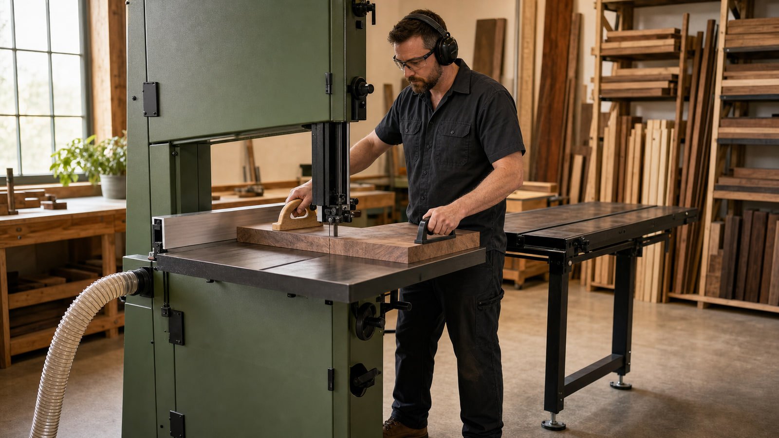 Woodworker guiding a board at an industrial bandsaw with guards in operating position