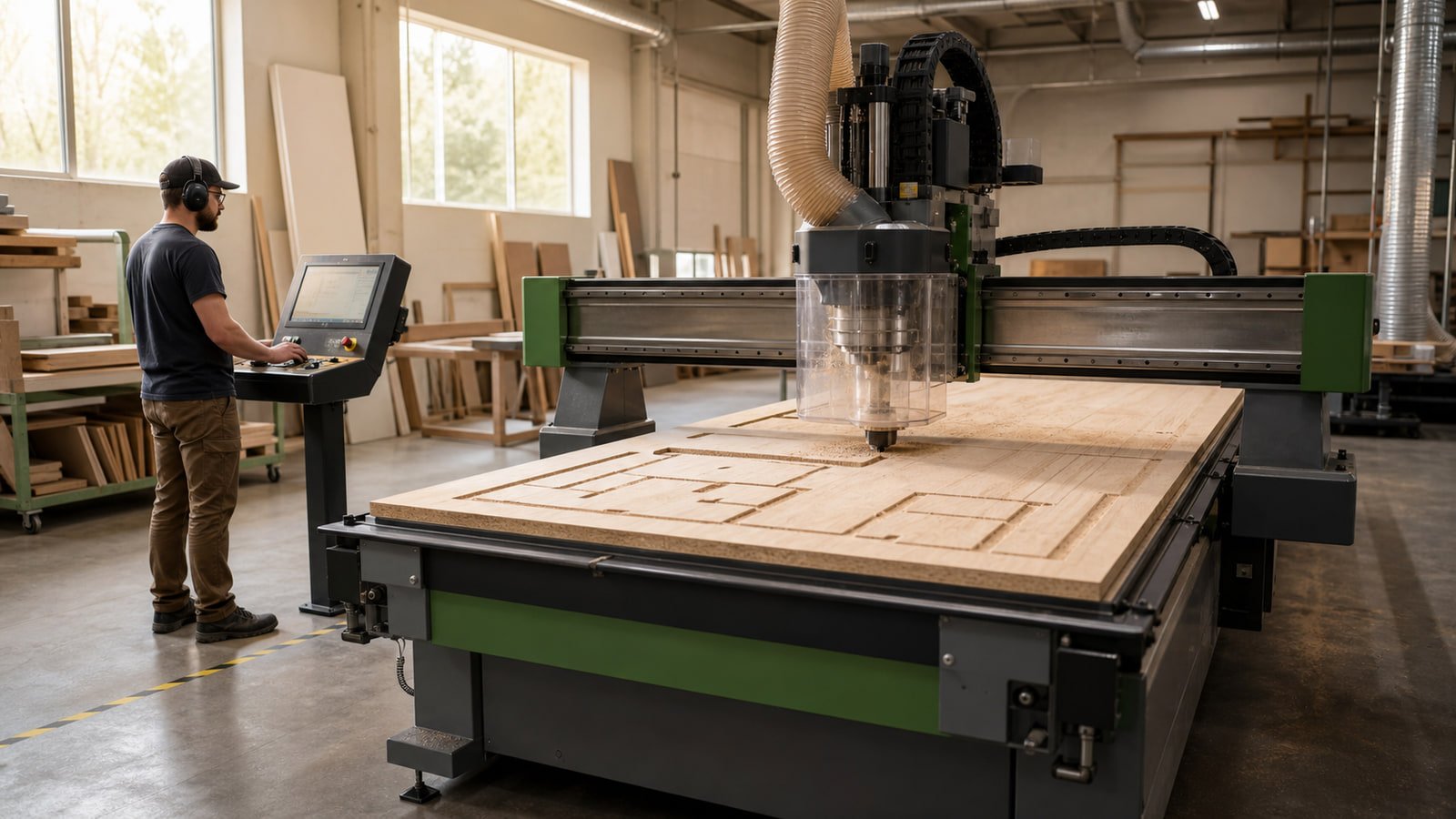 CNC router machining a wood panel inside a professional woodworking shop