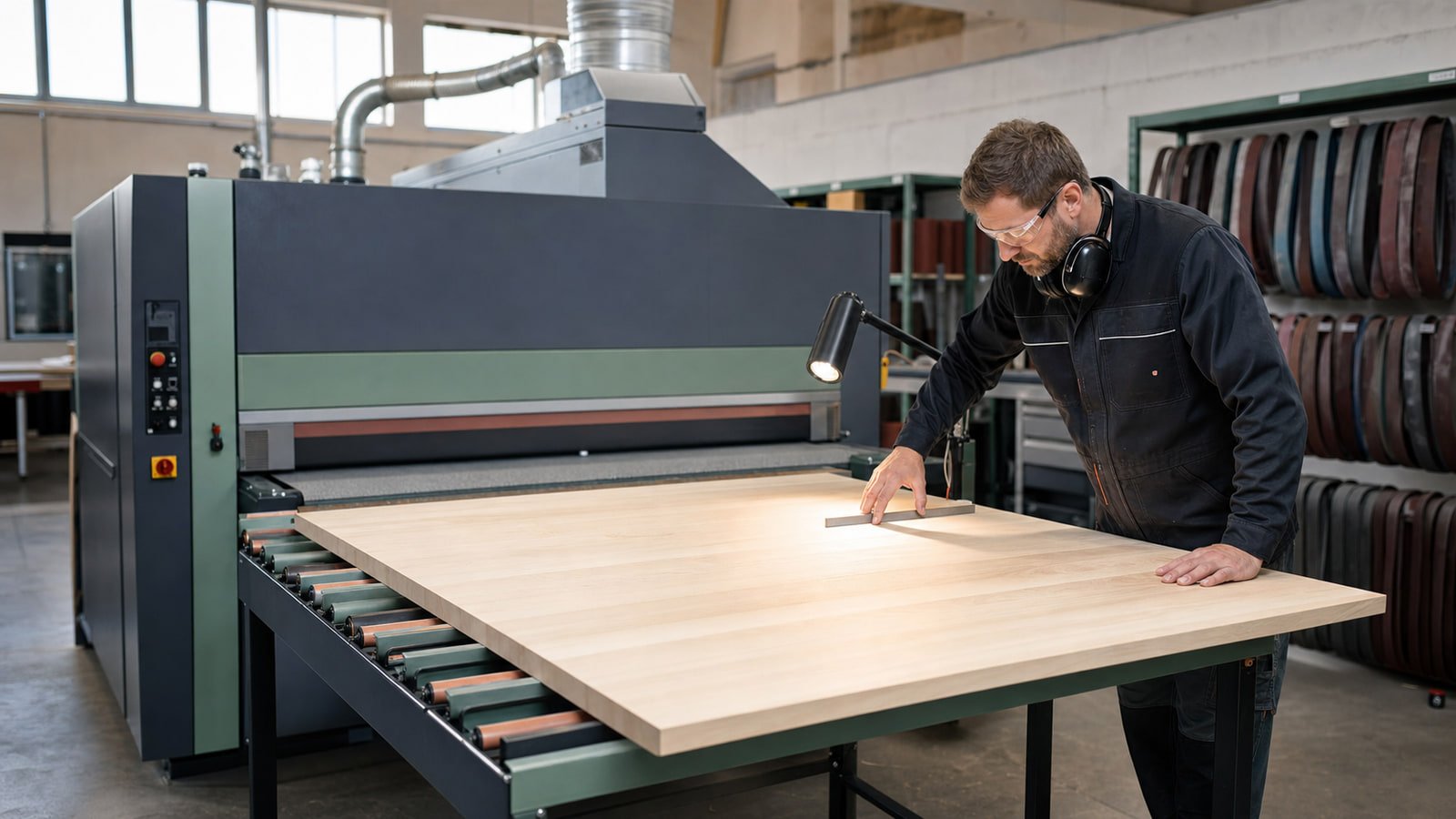Operator inspecting a wood panel beside an industrial sanding machine