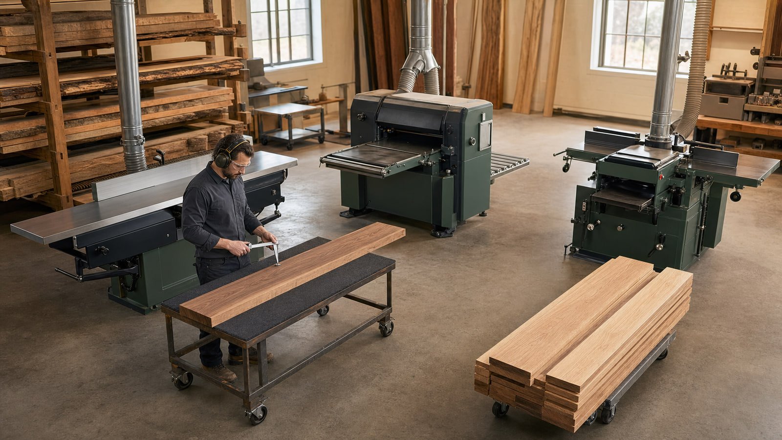 Rough wood boards staged beside industrial jointing and planing machinery