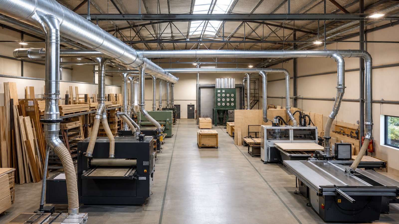Main dust-collection duct connected to several machines in a professional woodworking shop