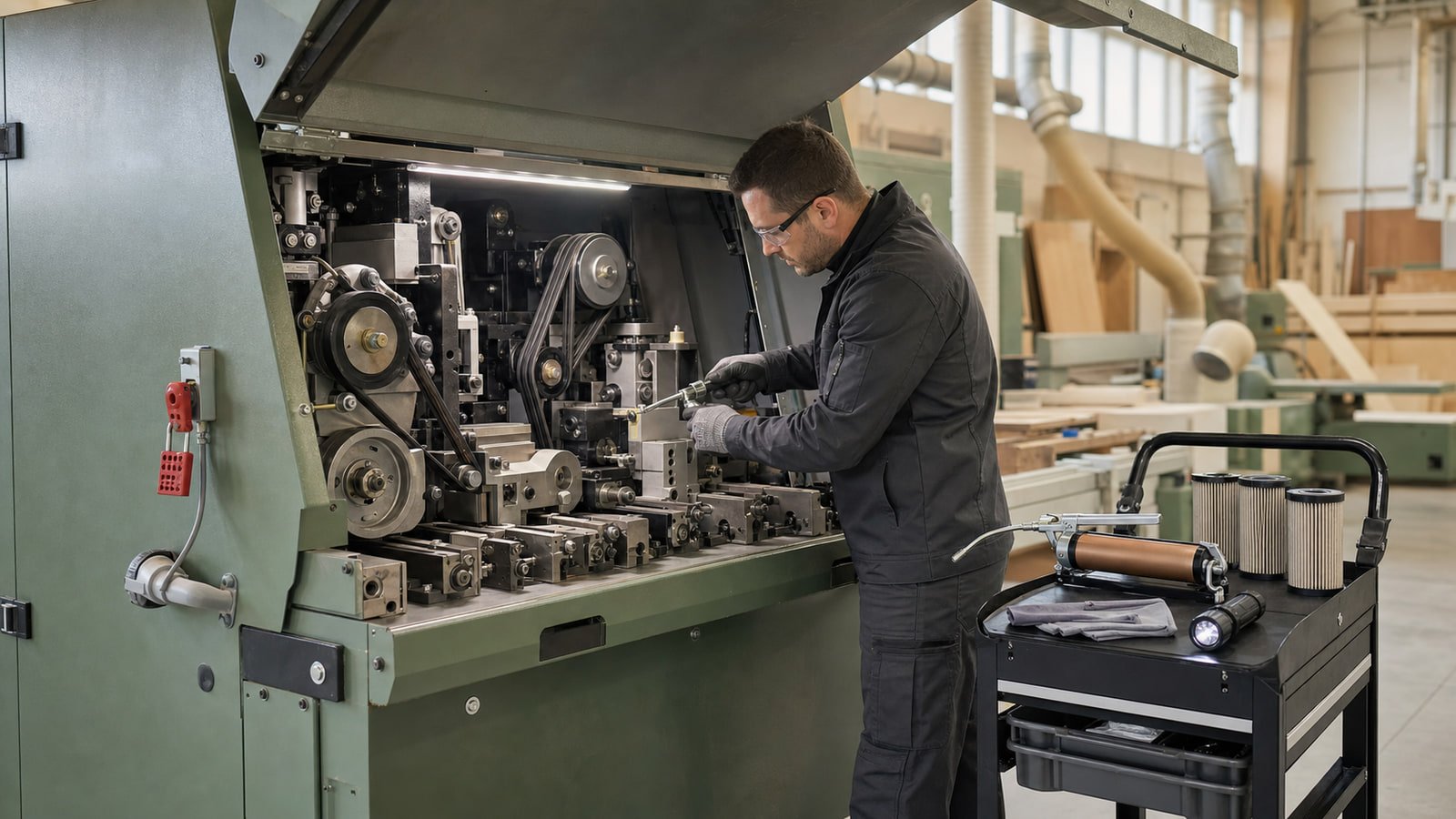 Technician performing planned preventive maintenance on industrial woodworking machinery
