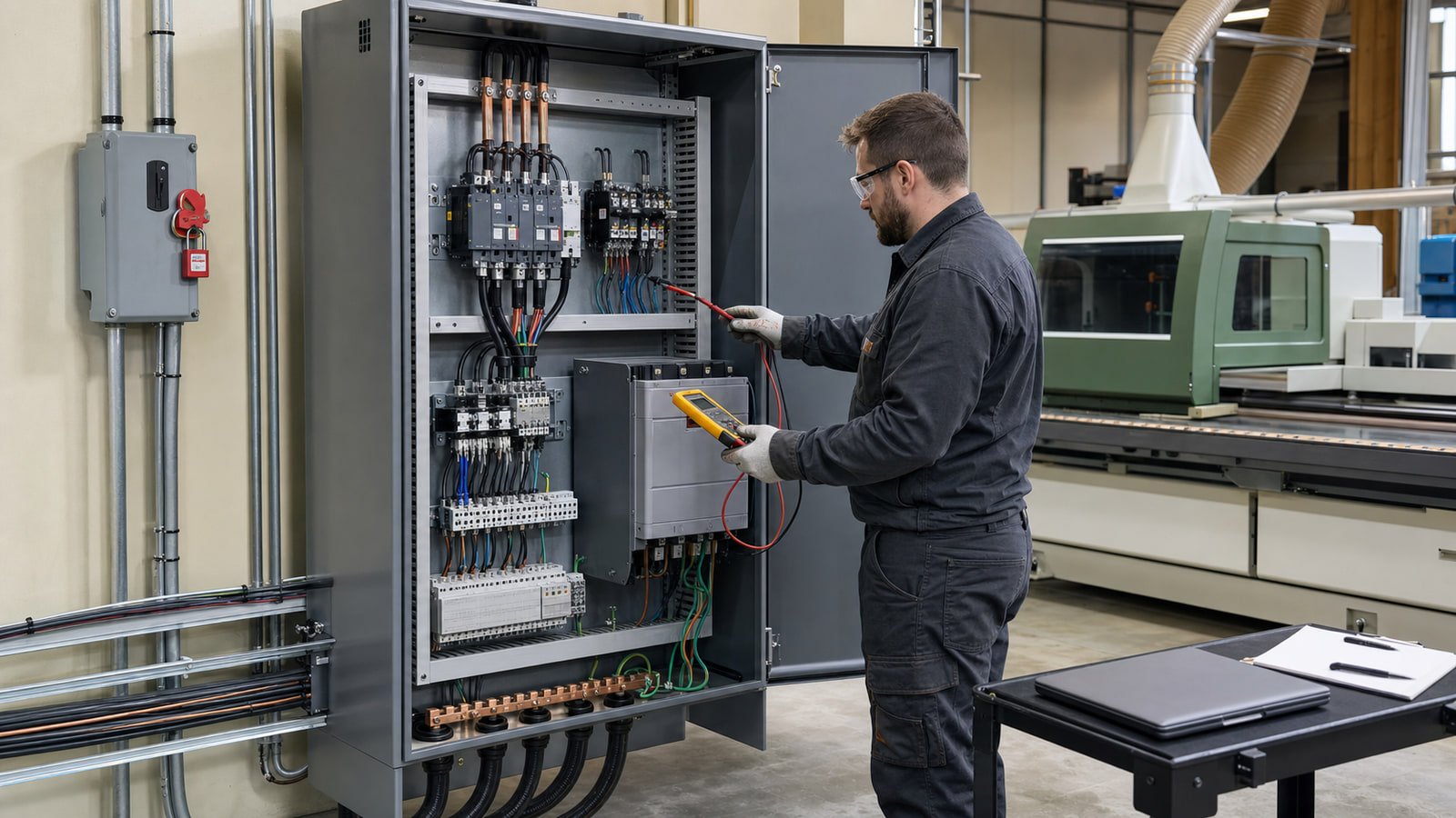 Industrial woodworking machine electrical cabinet being reviewed by a qualified technician